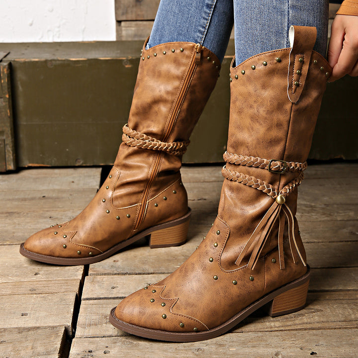 Retro Tassel Boots With Braided Rope Strap