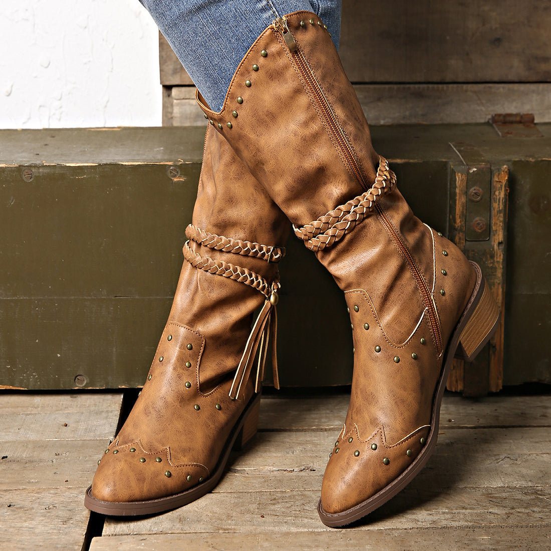 Retro Tassel Boots With Braided Rope Strap